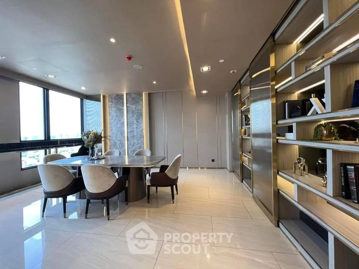 Luxurious dining area with elegant decor and panoramic city view