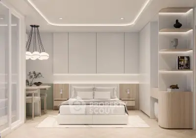 Luxurious modern bedroom with elegant lighting and minimalist design.