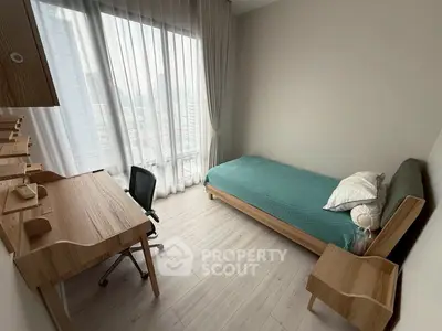 Modern minimalist bedroom with city view, wooden furniture, and natural light.