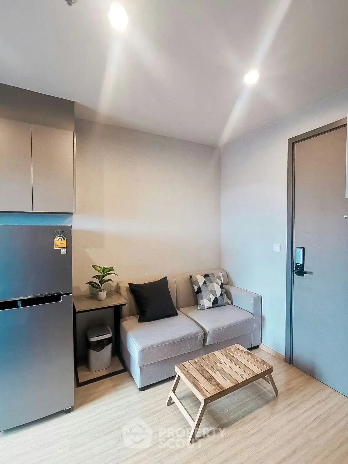 Modern living room with sleek furniture and stylish decor in a cozy apartment setting.