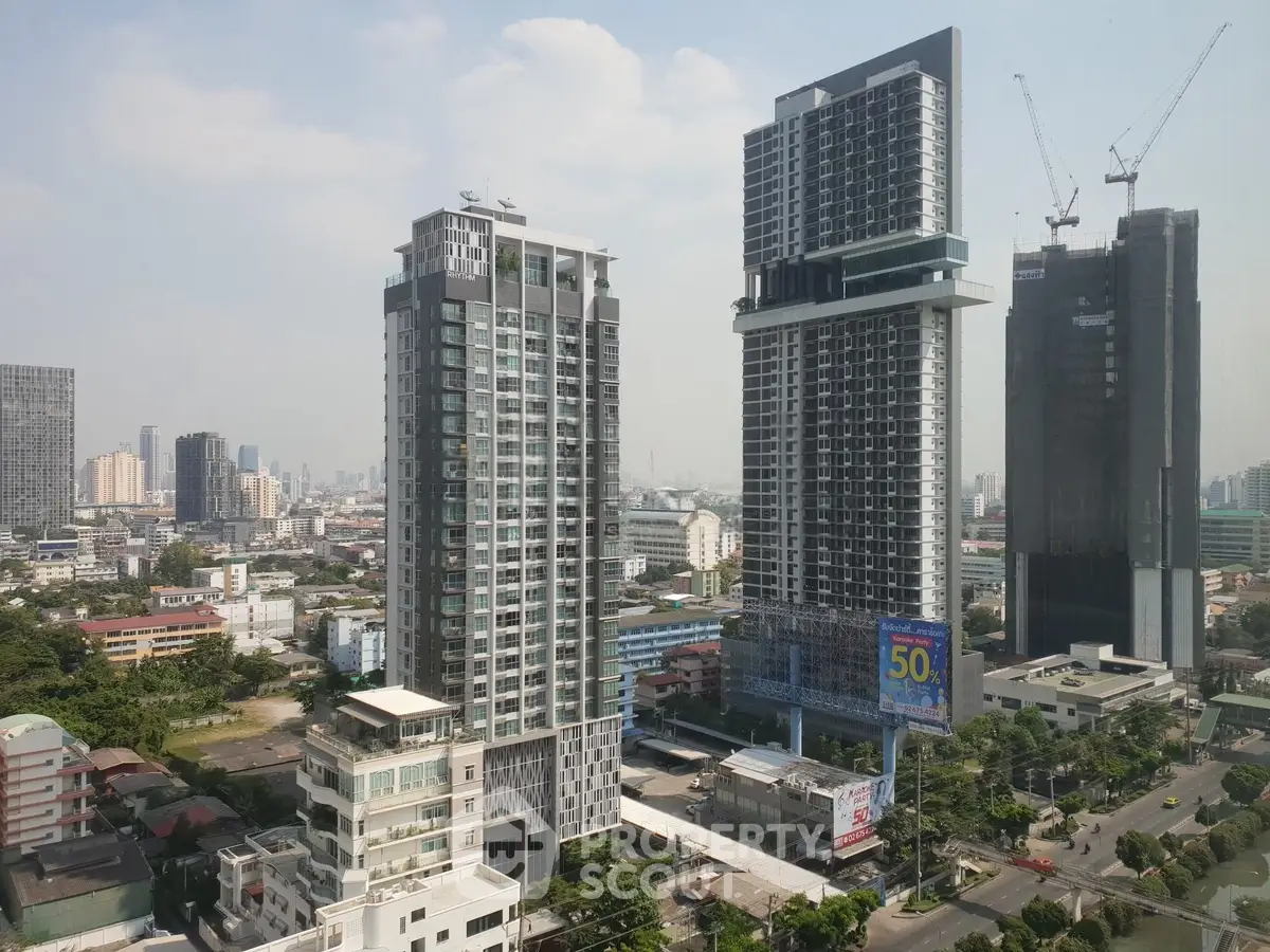 Stunning cityscape view featuring modern high-rise buildings and urban skyline.