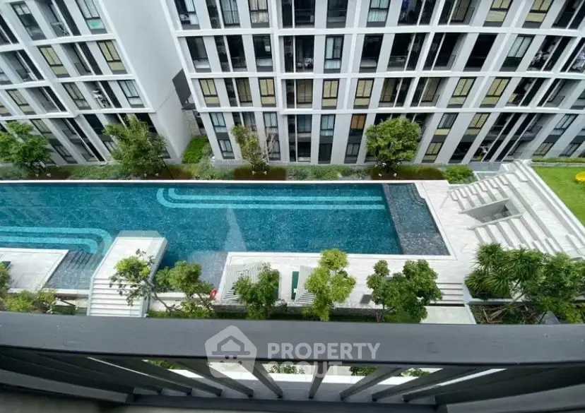 Luxurious apartment view with stunning pool and modern architecture