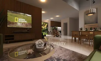 Modern living room with open layout, stylish decor, and elegant dining area