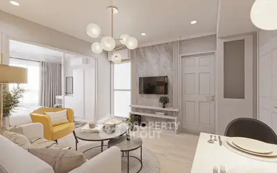 Modern living room with stylish decor and open layout, featuring a cozy seating area and elegant lighting.