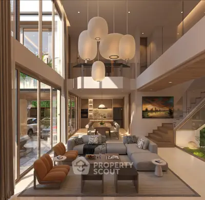 Luxurious modern living room with high ceilings and elegant lighting in a spacious open-plan design.