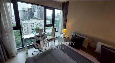 Modern bedroom with stunning city view and stylish decor in high-rise apartment.