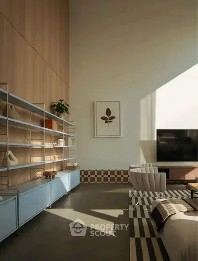 Modern living room with high ceiling, stylish shelving, and cozy seating area bathed in natural light.