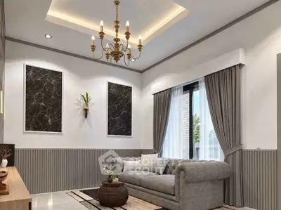 Elegant living room with chandelier, plush sofa, and stylish decor in a modern home.