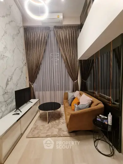 Luxurious modern living room with high ceiling and elegant decor