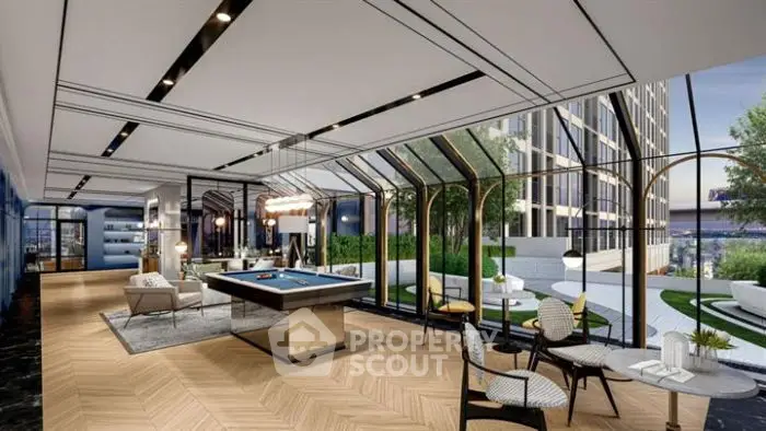 Luxurious modern living room with pool table and stunning city view