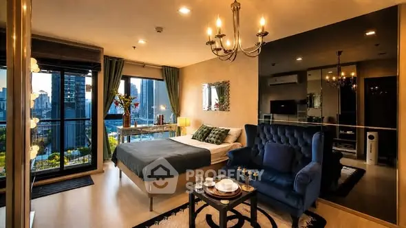 Luxurious modern bedroom with city view and elegant decor in high-rise apartment.