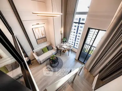 Luxurious modern living room with high ceiling and large windows offering stunning city views.