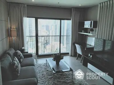 Spacious living room with plush seating, modern decor, and floor-to-ceiling windows offering a panoramic city view, perfect for urban living.