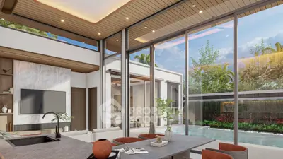 Luxurious open-plan living room with pool view and modern decor