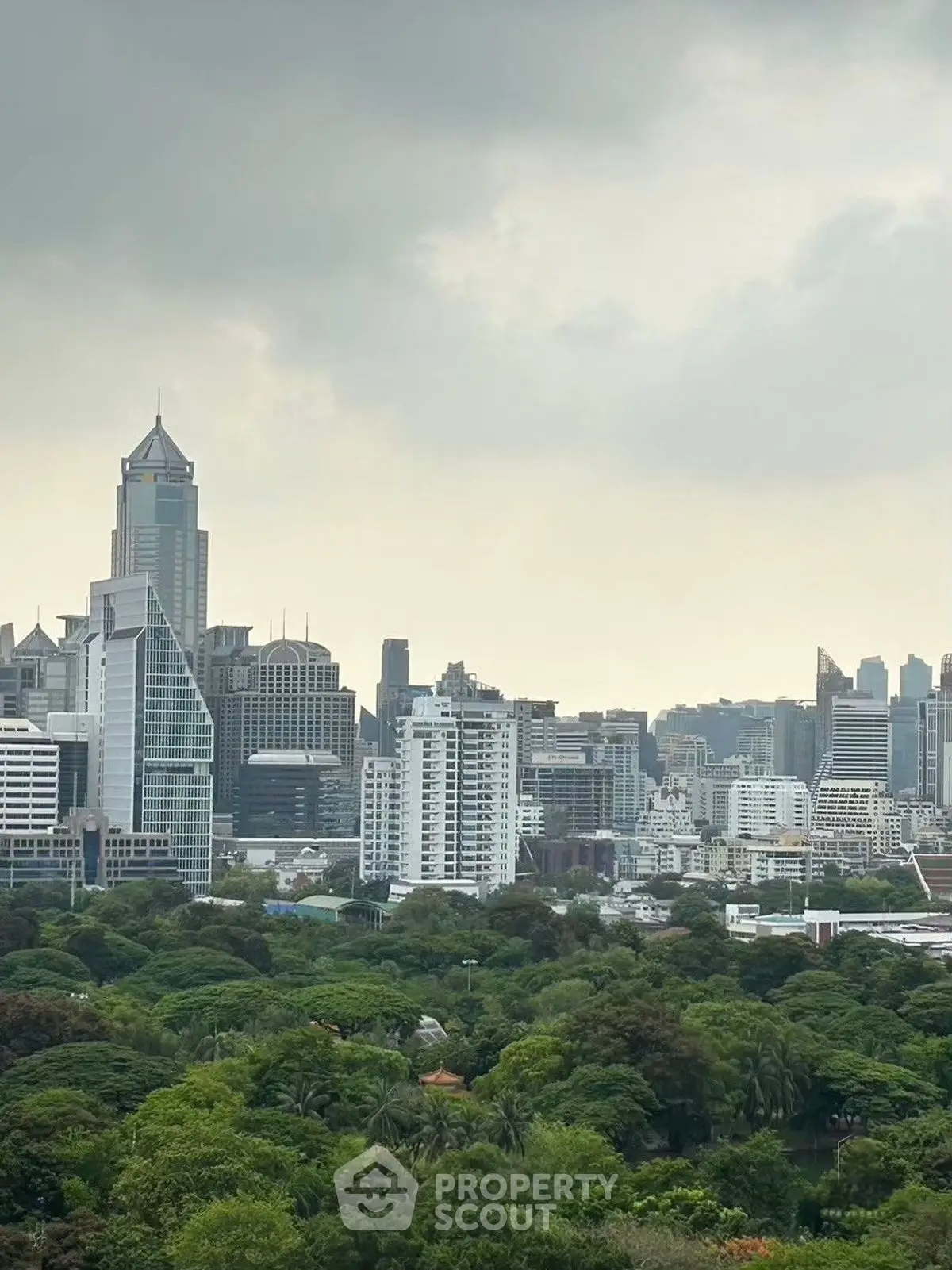 Stunning cityscape view with lush greenery and modern skyscrapers under a cloudy sky.