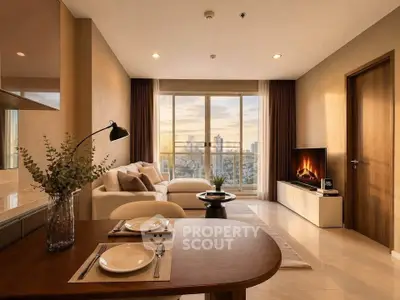 Luxurious living room with stunning city view, elegant decor, and cozy ambiance perfect for relaxation.