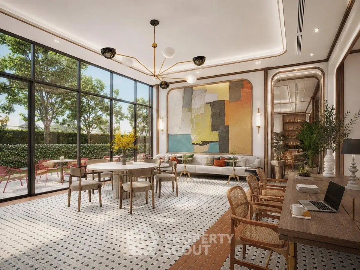 Luxurious modern living room with large windows, stylish decor, and elegant furniture in a serene setting.
