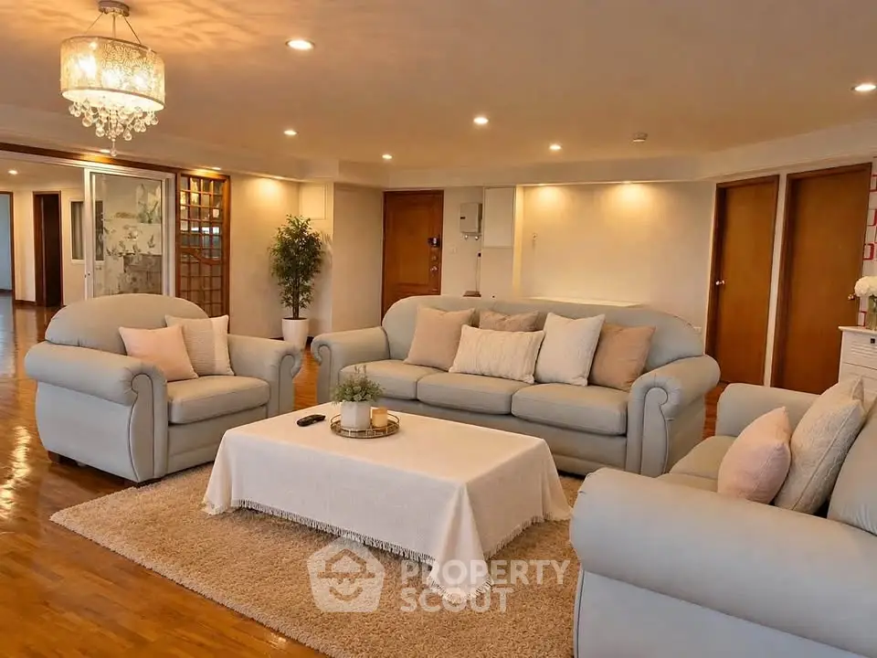 Spacious living room with elegant sofas and chandelier lighting