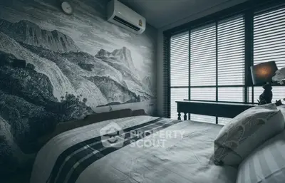 Stylish bedroom with mountain mural and modern decor