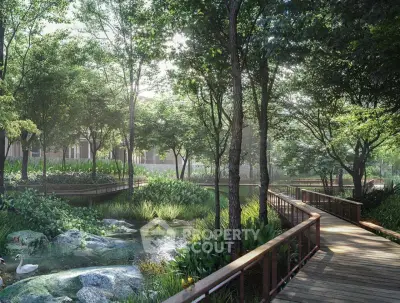 Stunning garden view with lush greenery and serene walkway in luxury real estate setting.