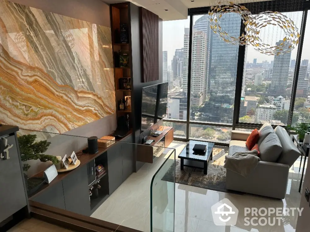 Luxurious living room with stunning city view and modern decor