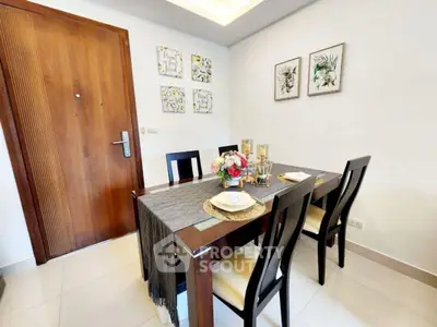 Elegant dining area with modern decor and wooden furniture