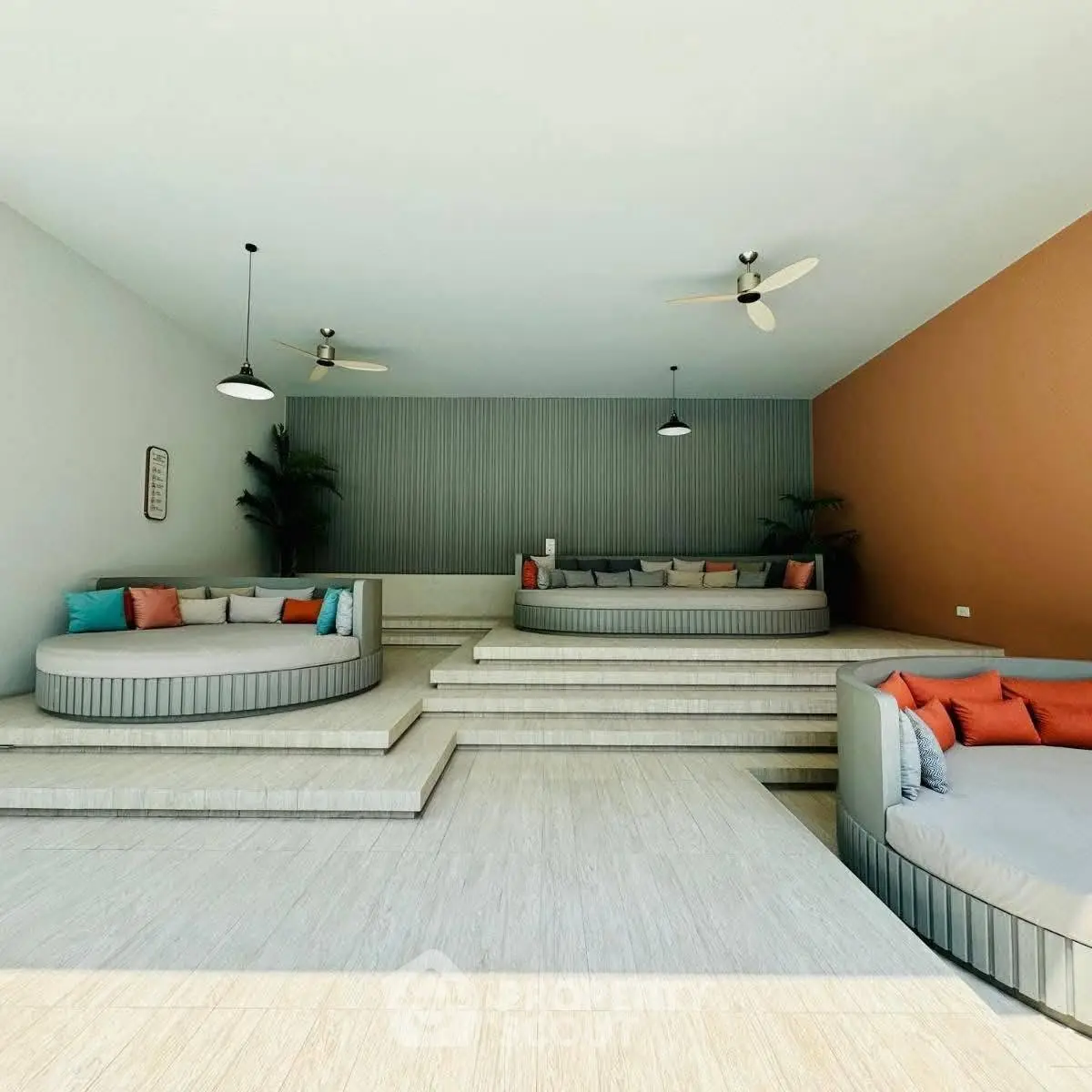 Luxurious modern lounge area with stylish round seating and elegant decor, perfect for relaxation and social gatherings.