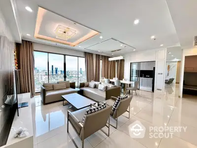 Luxurious modern living room with city view and elegant furnishings