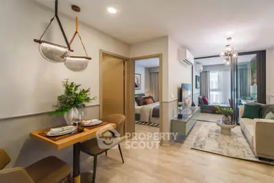 Modern open-plan living room with dining area and stylish decor