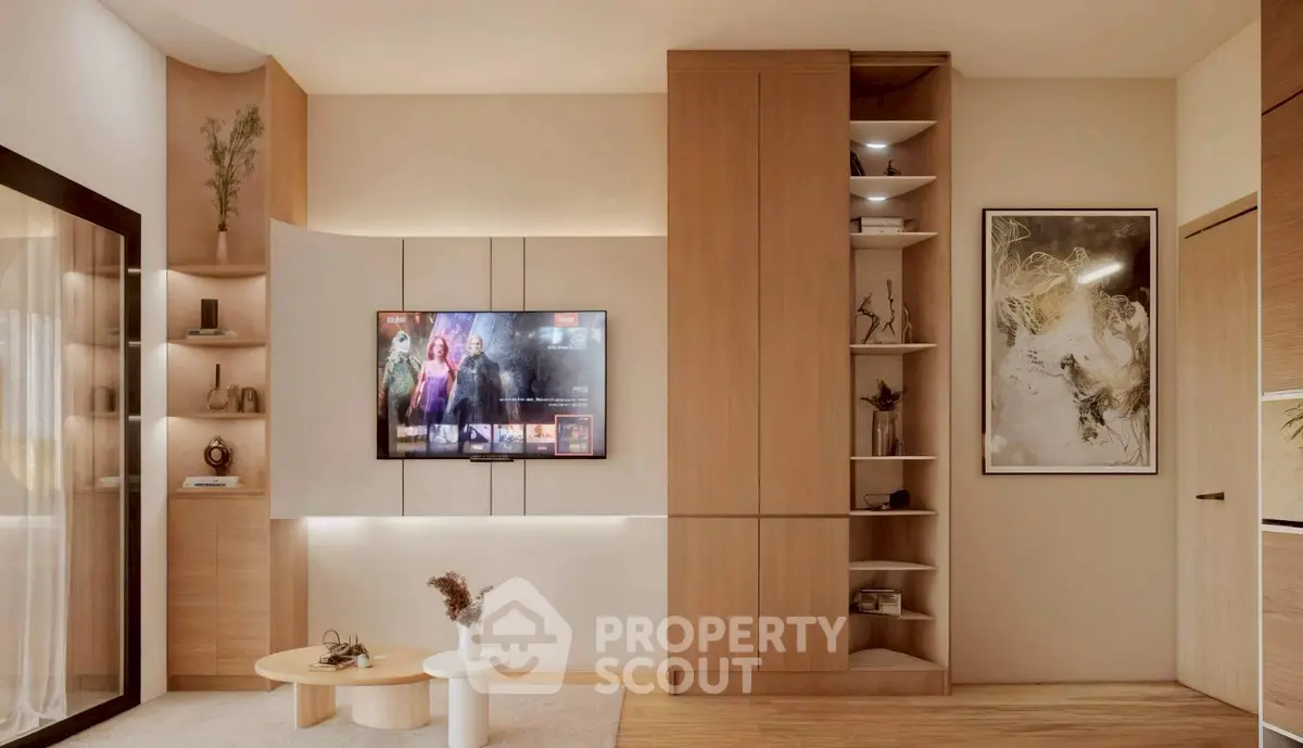 Modern living room with stylish wooden cabinets and wall-mounted TV