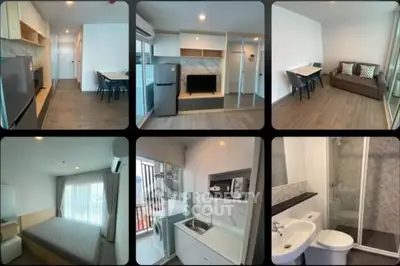 Modern condo interior with kitchen, living room, bedroom, and bathroom in stylish design.