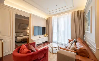 Luxurious living room with elegant decor and large windows in modern apartment
