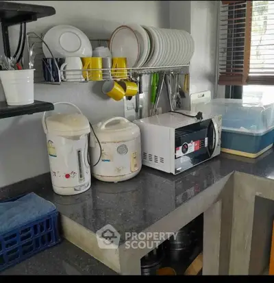 Modern kitchen with sleek countertop and appliances, featuring a microwave and rice cookers.