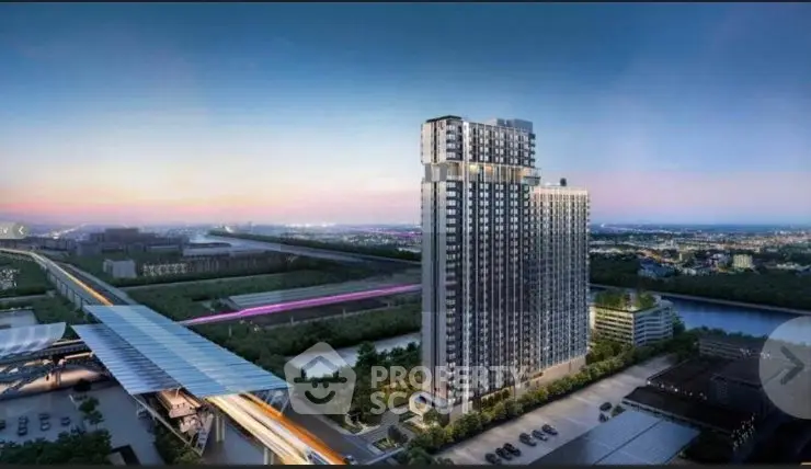 Stunning high-rise building with panoramic city views and nearby transportation hub at sunset.