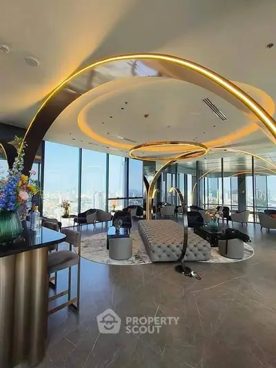 Luxurious modern living room with panoramic city views and elegant lighting.