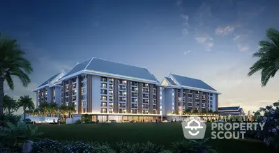 Majestic multi-story residential building at dusk with illuminated windows and lush greenery, offering a luxurious living experience in a serene environment.