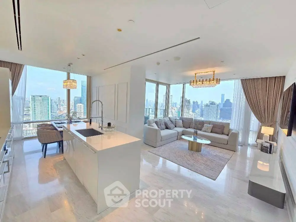 Luxurious open-plan living room with stunning city views and elegant modern decor.