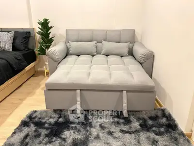 Stylish modern living room with plush gray sofa and cozy rug