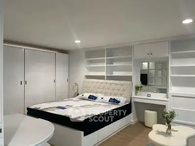 Modern bedroom with built-in shelves and stylish decor