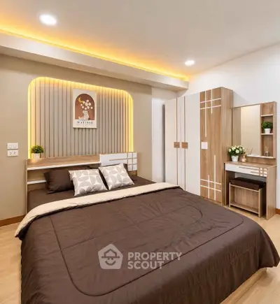 Modern bedroom with stylish wooden furniture and ambient lighting