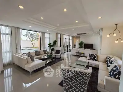 Luxurious spacious living room with modern decor and ample natural light.