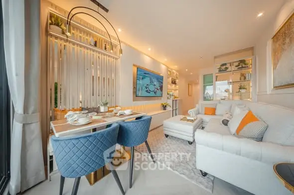 Luxurious modern living room with elegant decor and cozy seating area.