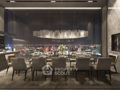 Luxurious dining room with stunning city skyline view, elegant chandelier, and sophisticated decor.