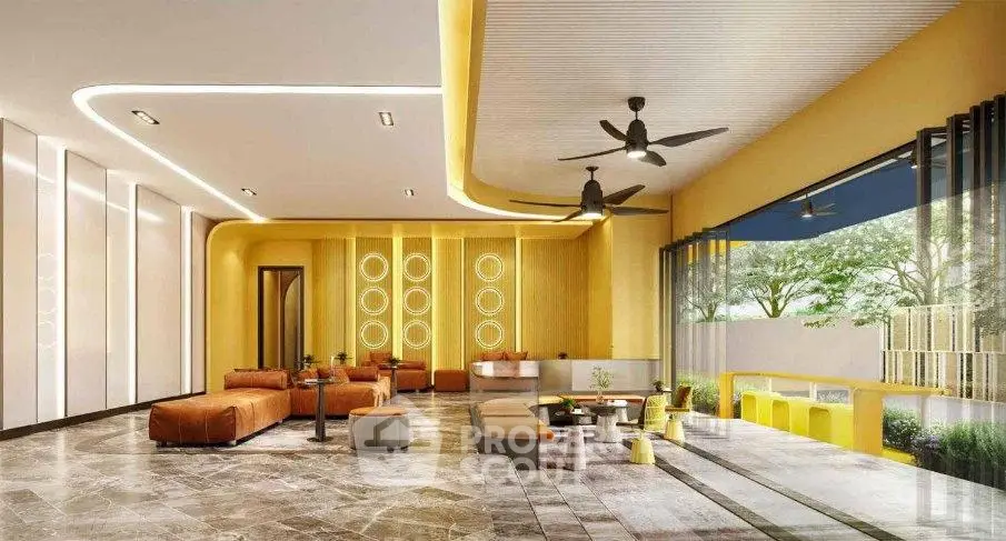 Luxurious modern living room with elegant design and large windows offering natural light and garden view.