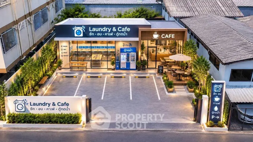 Modern Laundry & Cafe with parking and outdoor seating area