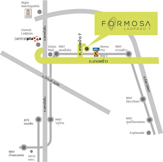 Map showing location of Formosa Ladprao 7 near MRT and shopping centers.