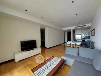 Spacious modern living room with hardwood floors and stylish furniture