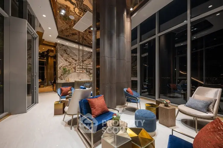 Luxurious modern living room with floor-to-ceiling windows and elegant decor in high-rise building.
