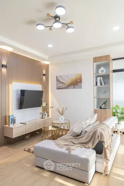 Modern living room with stylish decor and cozy seating area