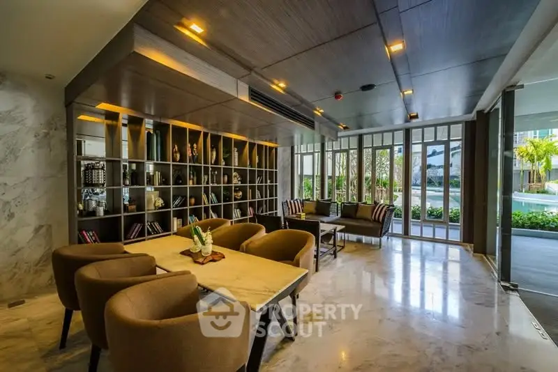 Luxurious modern living room with elegant decor and pool view